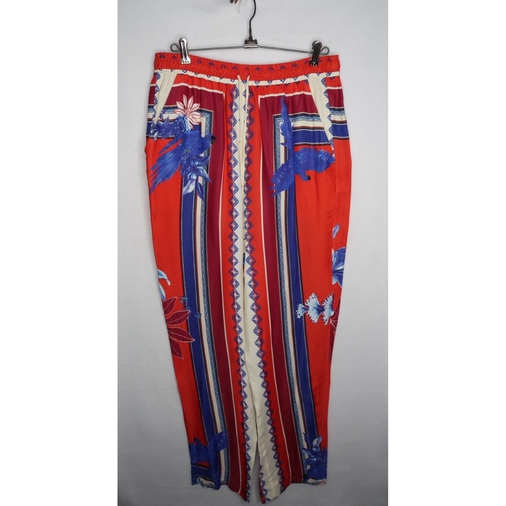 Farm Rio Macaw Scarf Print Pants Red Blue Tropical Pull On Women's Medium NWT